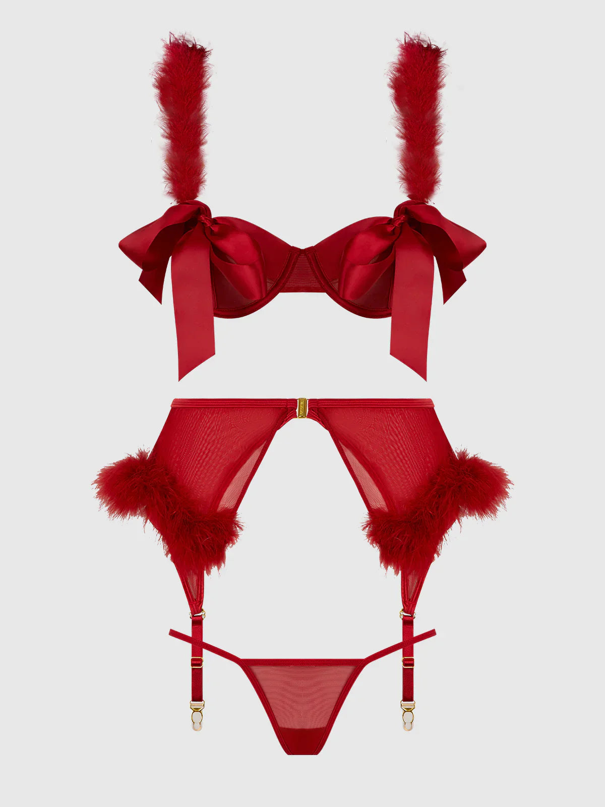 House of Desire Marilyn Marabou & Mesh Openable Cups Bra Set Crimson Red