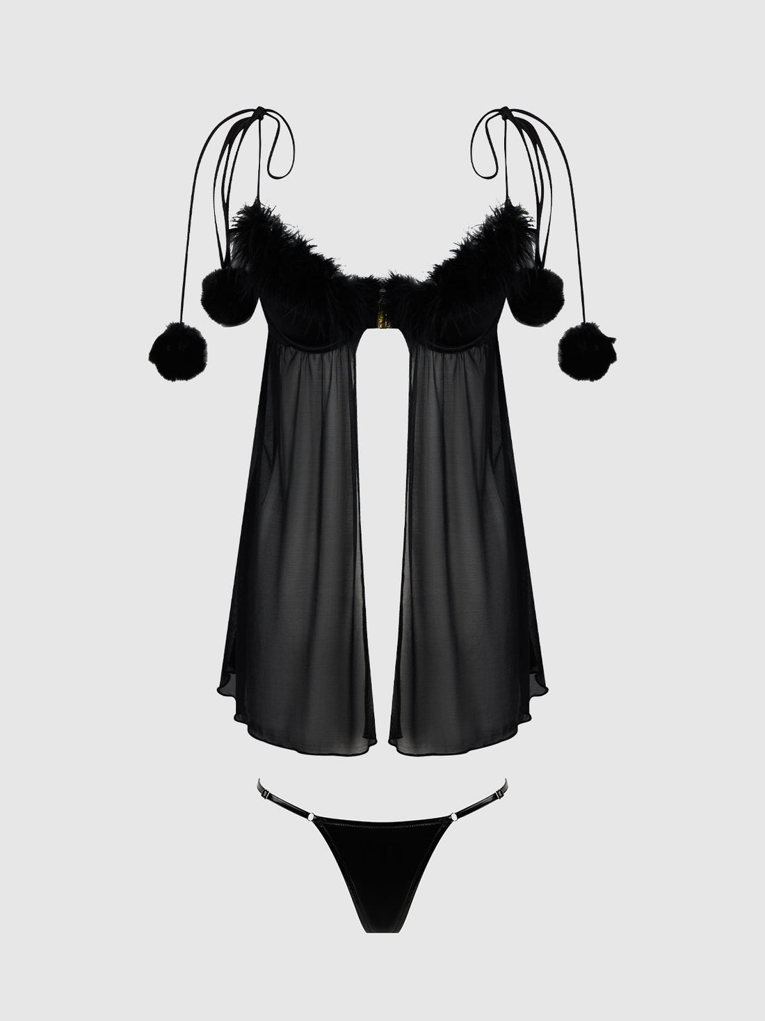 House of Desire Queen Marilyn Marabou & Mesh Babydoll & G-String Set Black