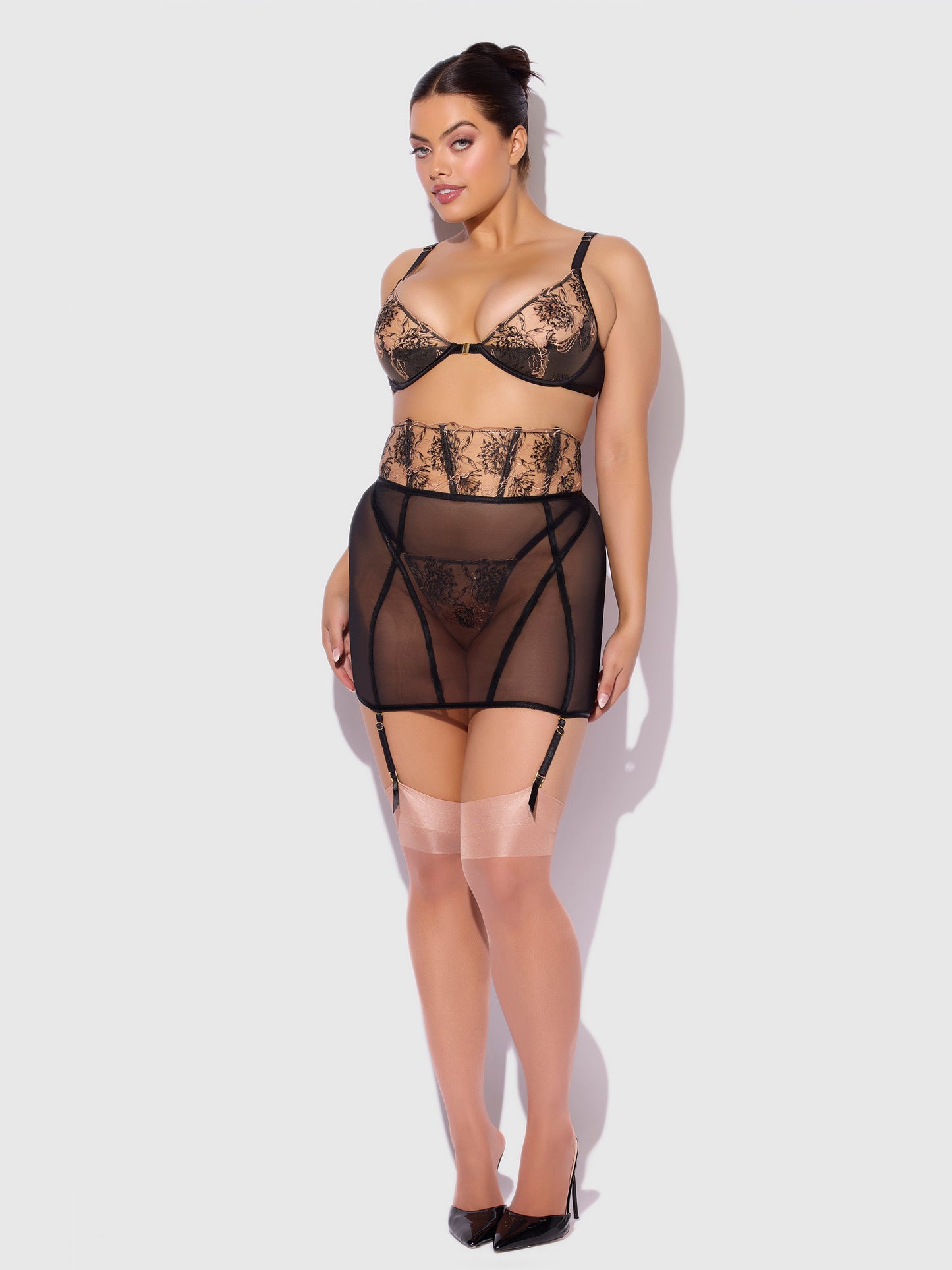 House of Desire Delilah Embroidered Sheer Open Back Garter Skirt Black/Taupe