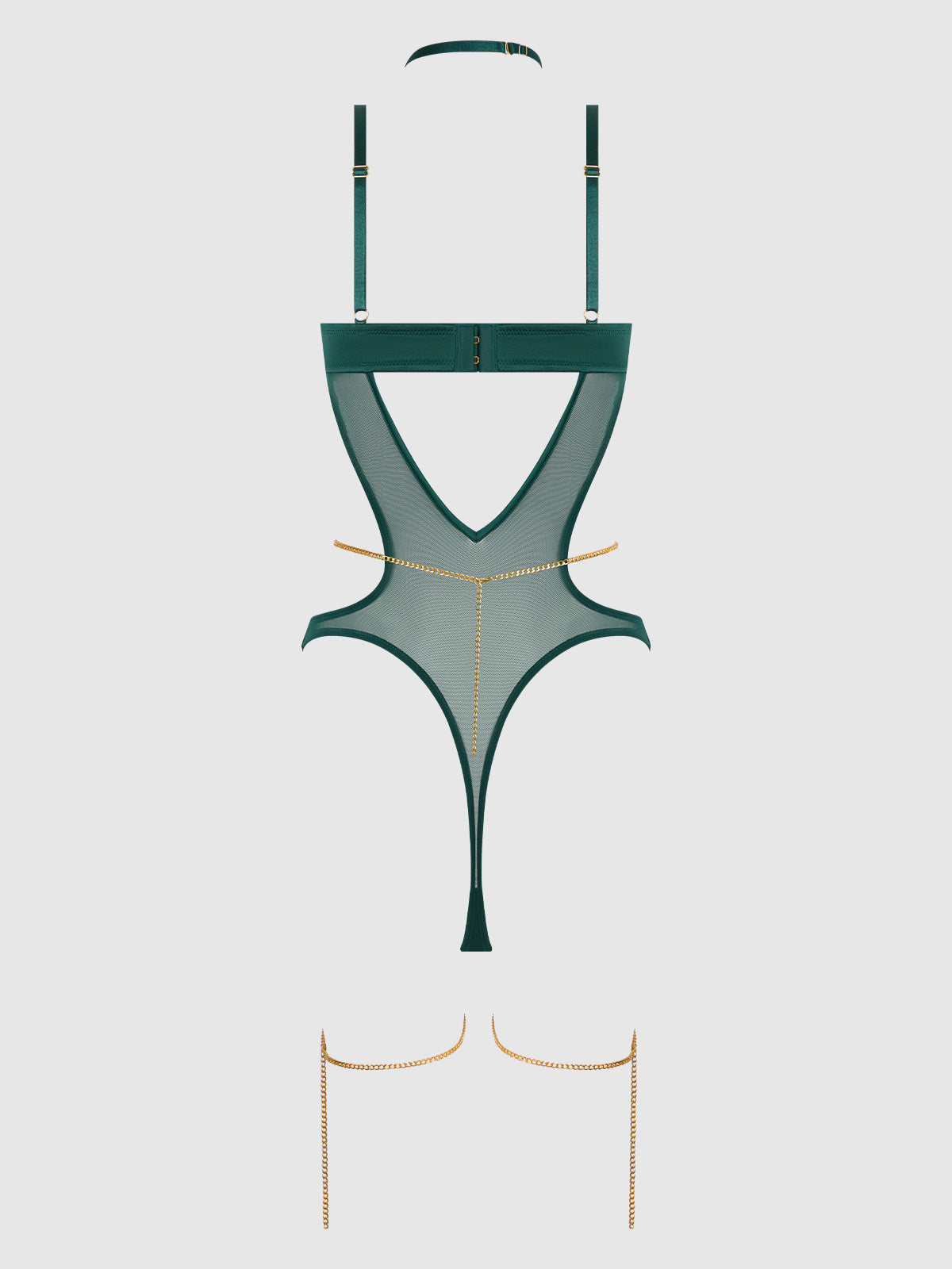 House of Desire Evangeline Satin & Chain Halter Teddy Emerald