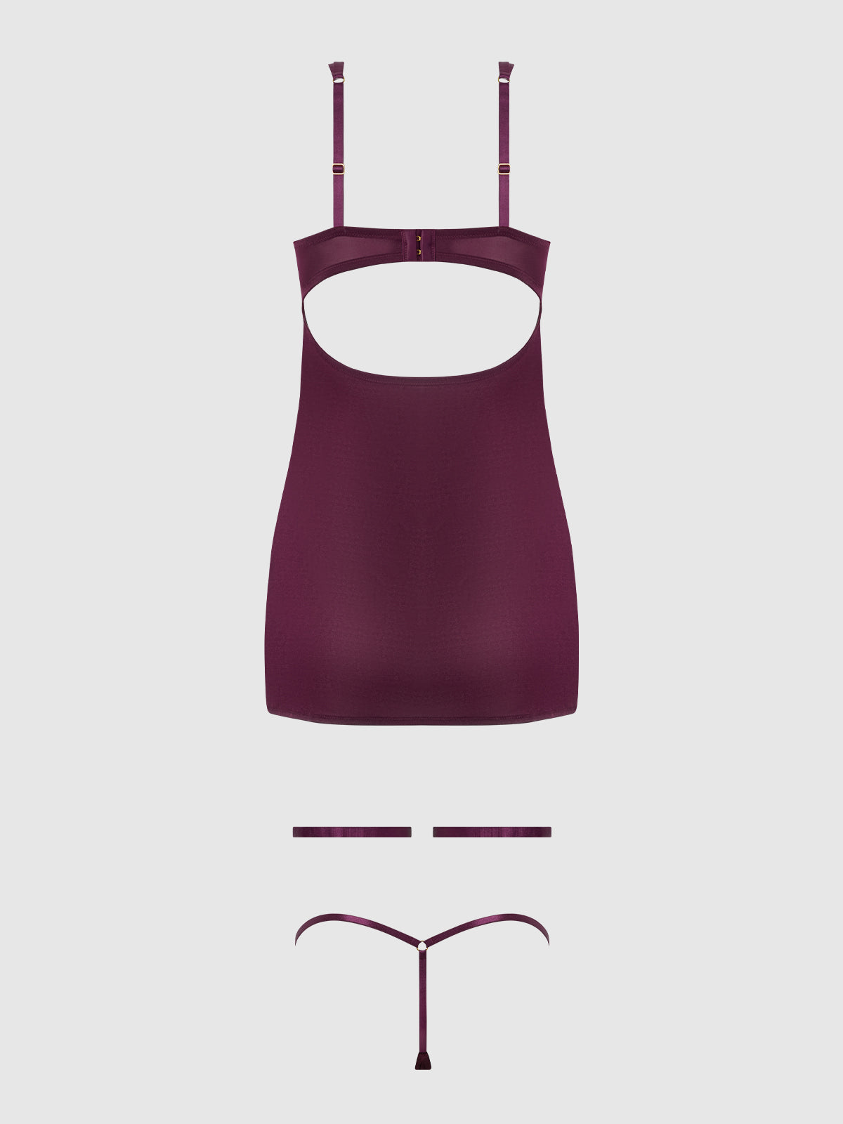 House of Desire Yasmine Shine Mesh O-Ring Thigh Garter Chemise Set Plum