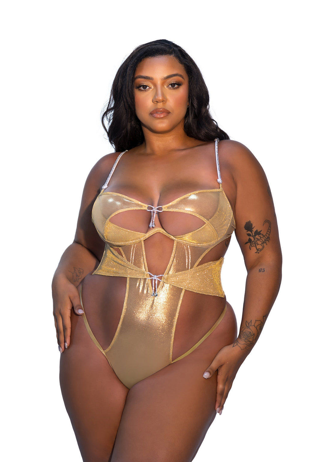 Roma Confidential Queen Plus Gilded Beauty Lurex Knit Shimmer Mesh Bling Teddy Gold