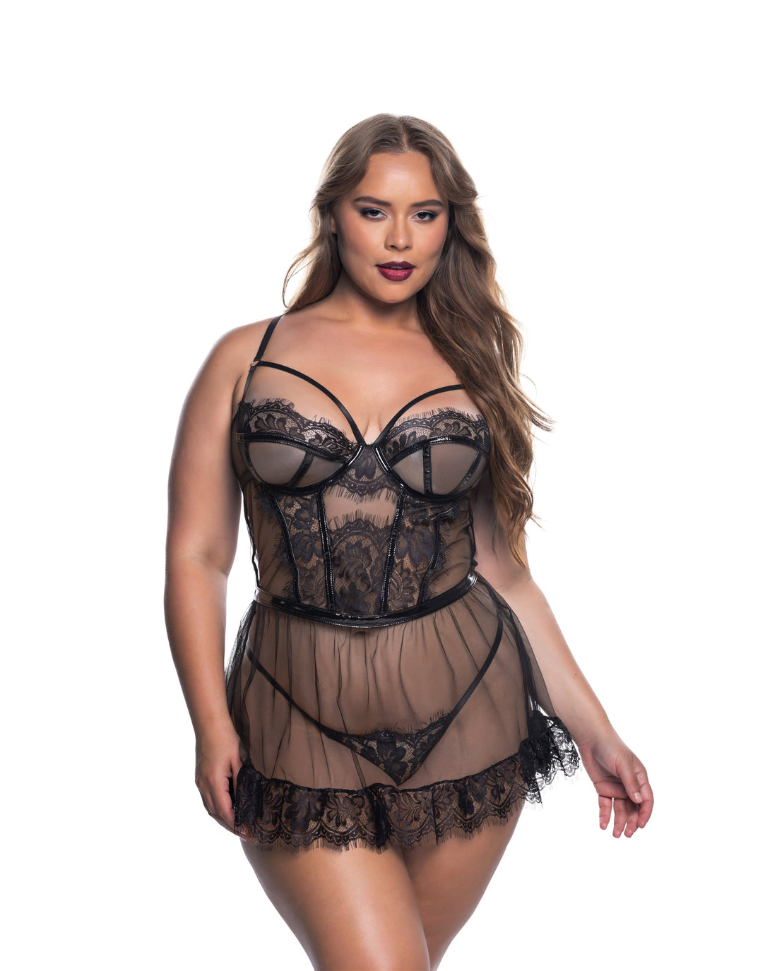 Roma Confidential Queen Plus Eden Eyelash Lace Sheer Mesh Babydoll Set Black