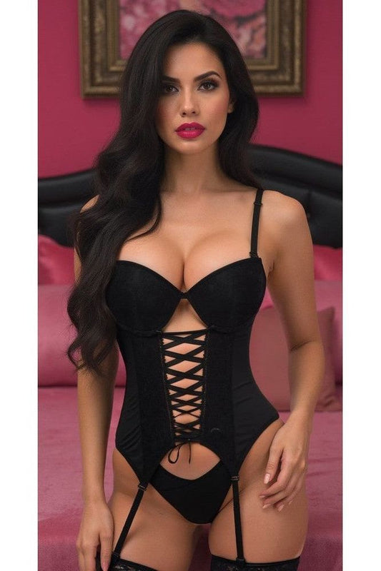 Daisy Corsets Lavish Black Lycra & Lace Hook & Eye Lace-Up Bustier Corset w/Garters