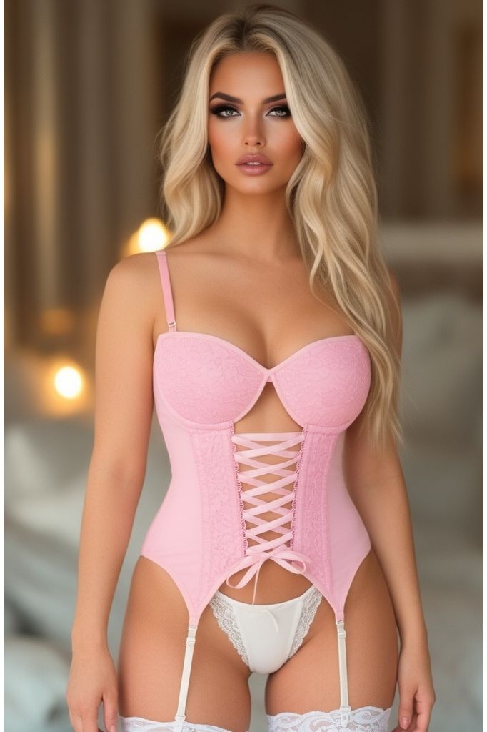 Daisy Corsets Lavish Lt Pink Lycra & Lace Hook & Eye Lace-Up Bustier Corset w/Garters