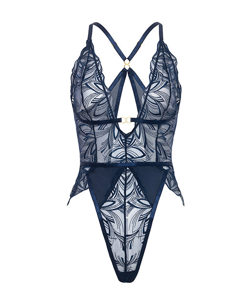 Oh la la Cheri Davina V-Plunge Embroidered Teddy Double Ring Charm Navy