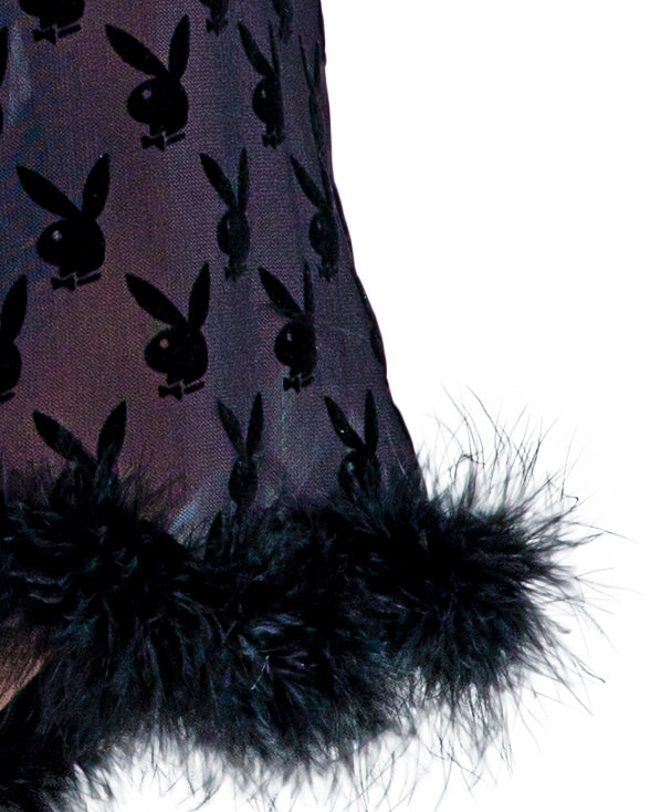 Playboy Bunny Noir Robe w/ Marabou Trim Queen Plus Size
