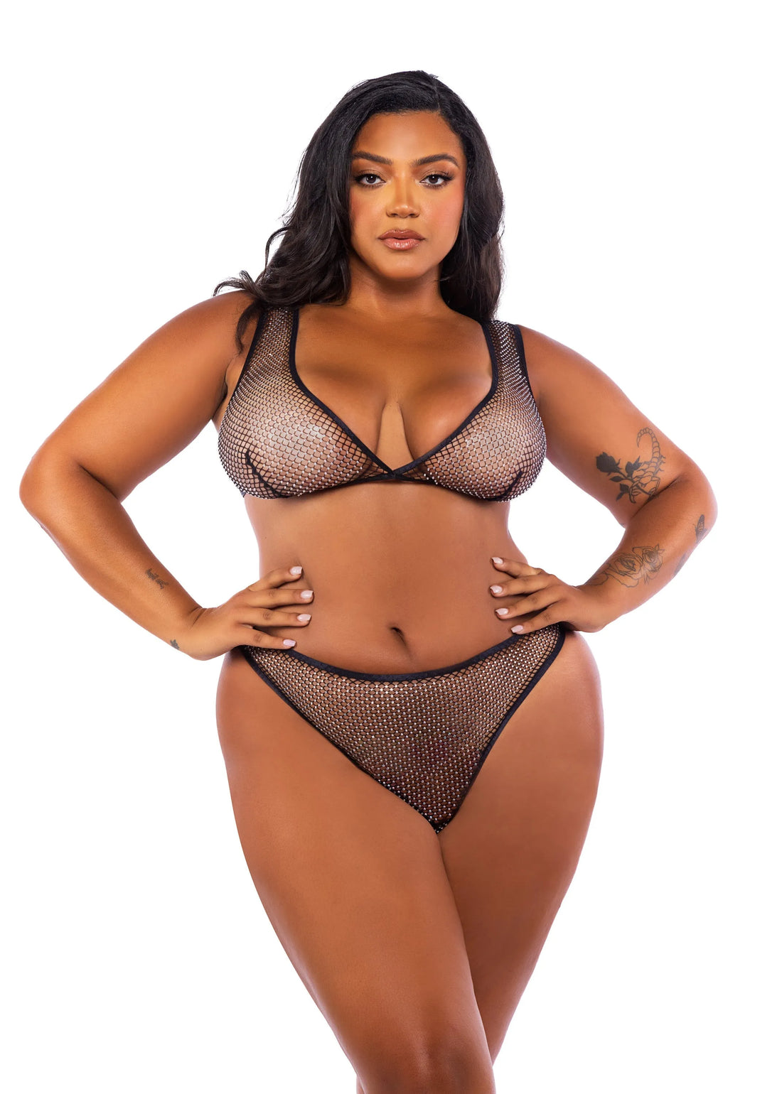 Roma Confidential Queen Plus Think Pink Rhinestone Fishnet Bralette Bra Set Black