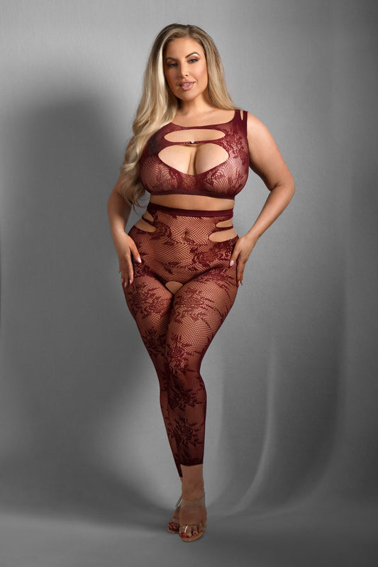 Fantasy Lingerie Sheer Queen Undivided Attention Top & Crotchless Tights Burgundy