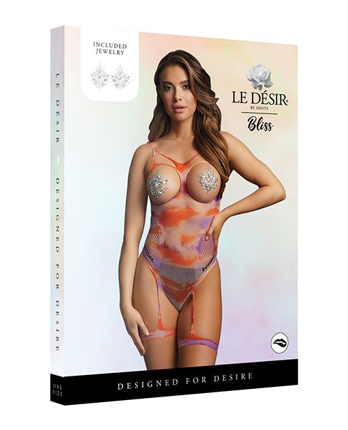 Le Désir Bliss Open Cup Strappy Teddy Tie Dye Fishnet with Jewelry Pasties