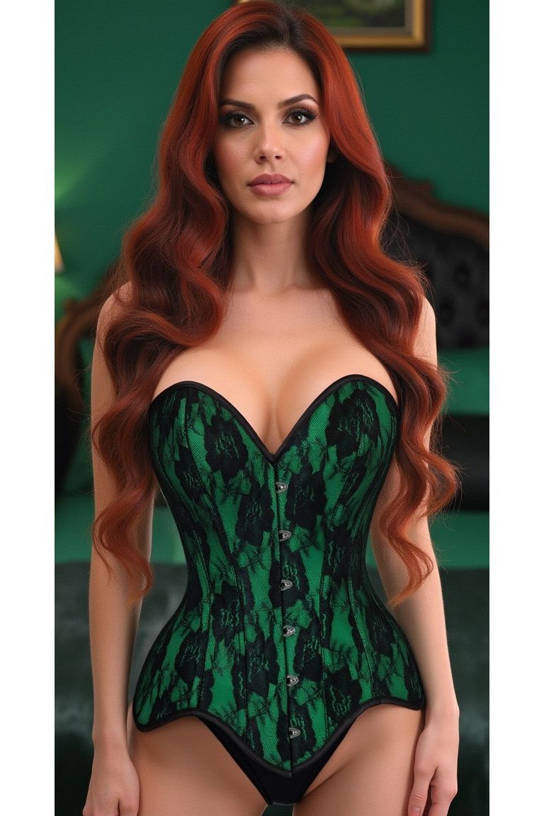 Daisy Corsets Top Drawer Green Satin w/Black Lace Overlay Steel Boned Overbust Corset