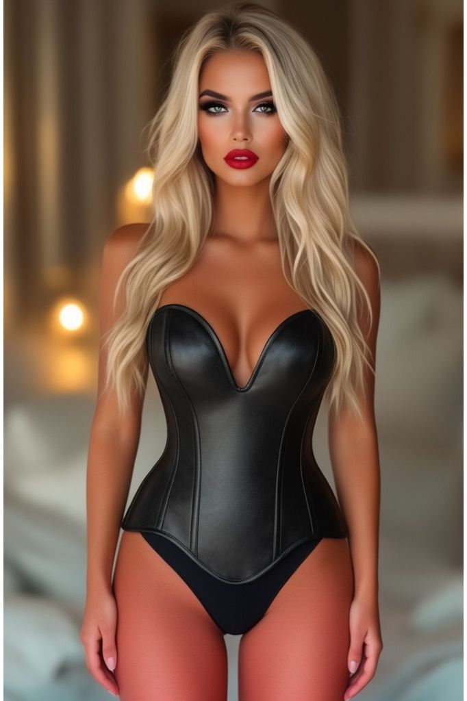 Daisy Corsets Top Drawer Steel Boned Black Faux Leather Plunge Neckline Overbust Corset