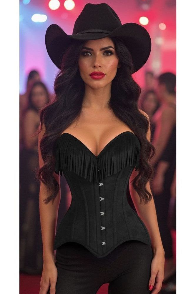 Daisy Corsets Top Drawer Black Suede Steel Boned Overbust Corset w/Fringe