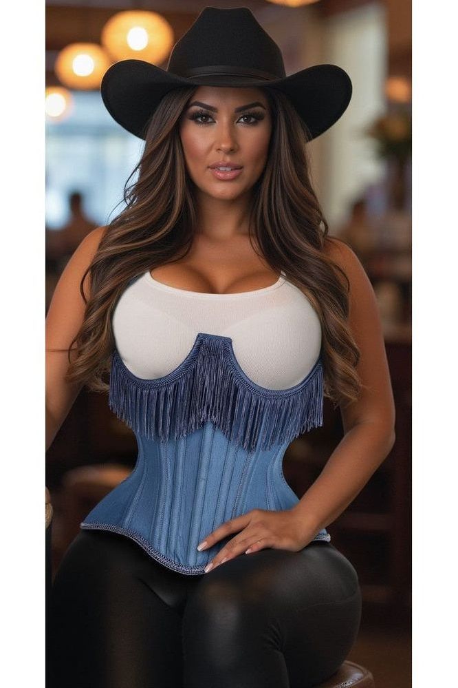 Daisy Corsets Top Drawer Steel Boned Blue Denim Underwire Underbust Corset Cincher w/Fringe
