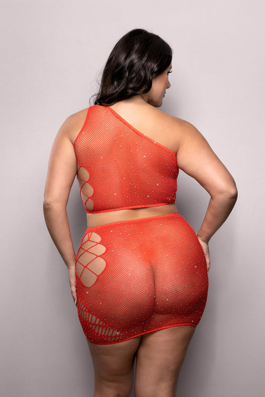 Fantasy Lingerie Sheer Set The Tone Rhinestone Top & Skirt Red Queen