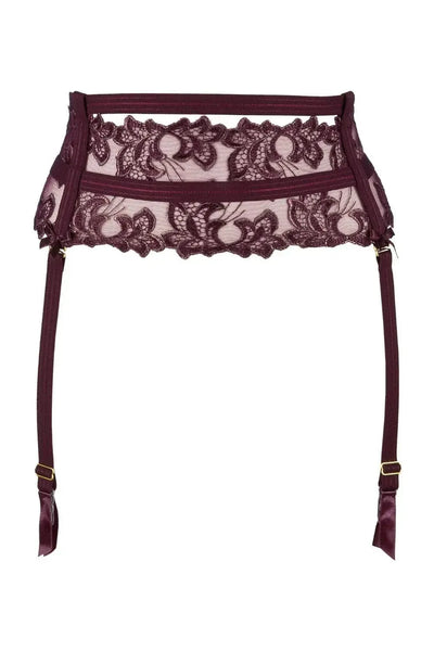 Axami Acai Berry Luxe garter belt in exclusive purple and gold lace with golden adjustable elements.