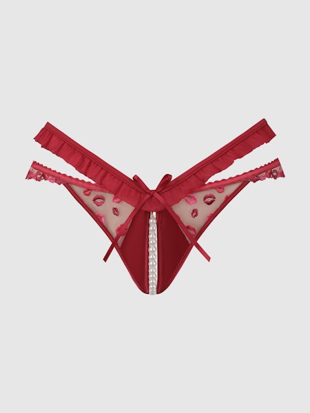 Angelina Lips Embroidery Pearl & Crotchless Bikini