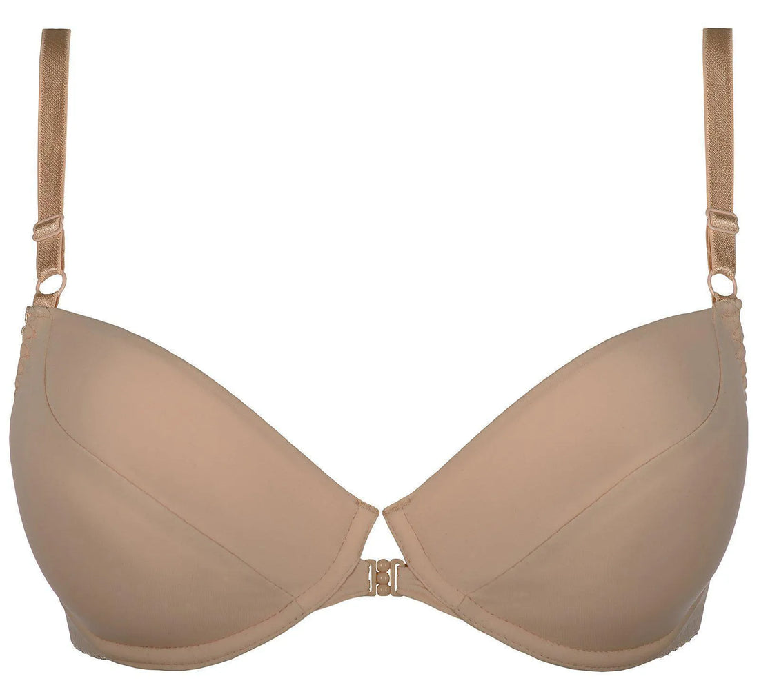 Axami Meadow beige push-up bra with front clasp, underwire cups, and adjustable straps.