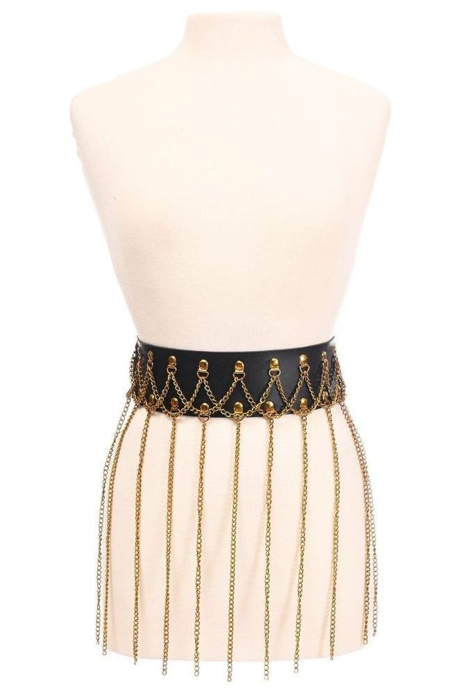 Daisy Corsets Black Faux Leather & Gold Metallic Chain Fringe Skirt