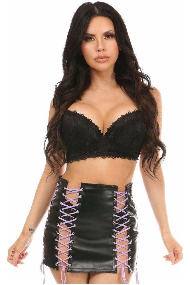 Daisy Corsets Black Faux Leather Lace-Up Skirt w/Purple Lacing