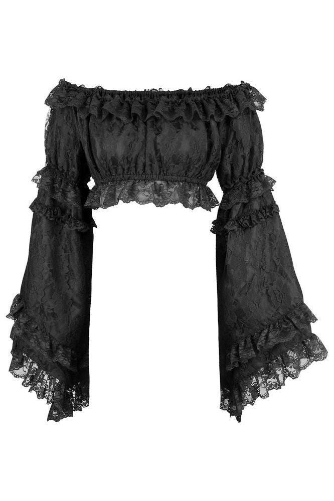 Daisy Corsets Black Lace Smocked Flare Sleeve Peasant Top