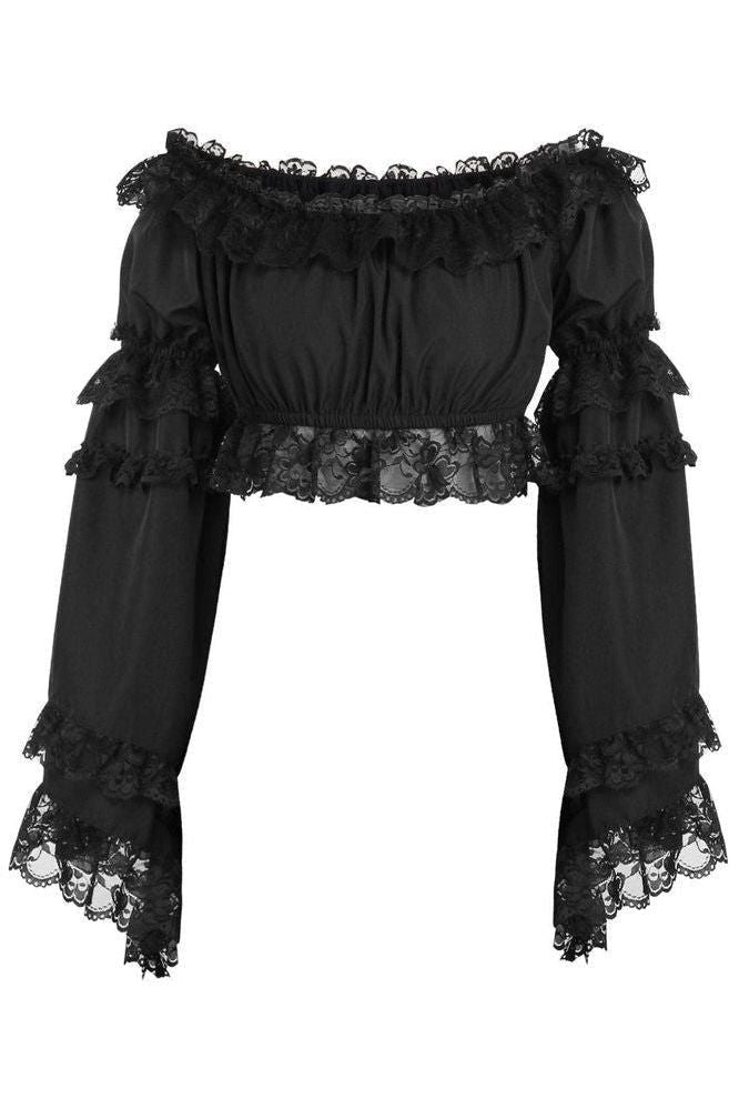 Daisy Corsets Black Smocked Flare Sleeve Peasant Top
