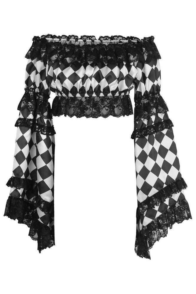 Daisy Corsets Black/White Diamond Print Satin & Lace Peasant Top