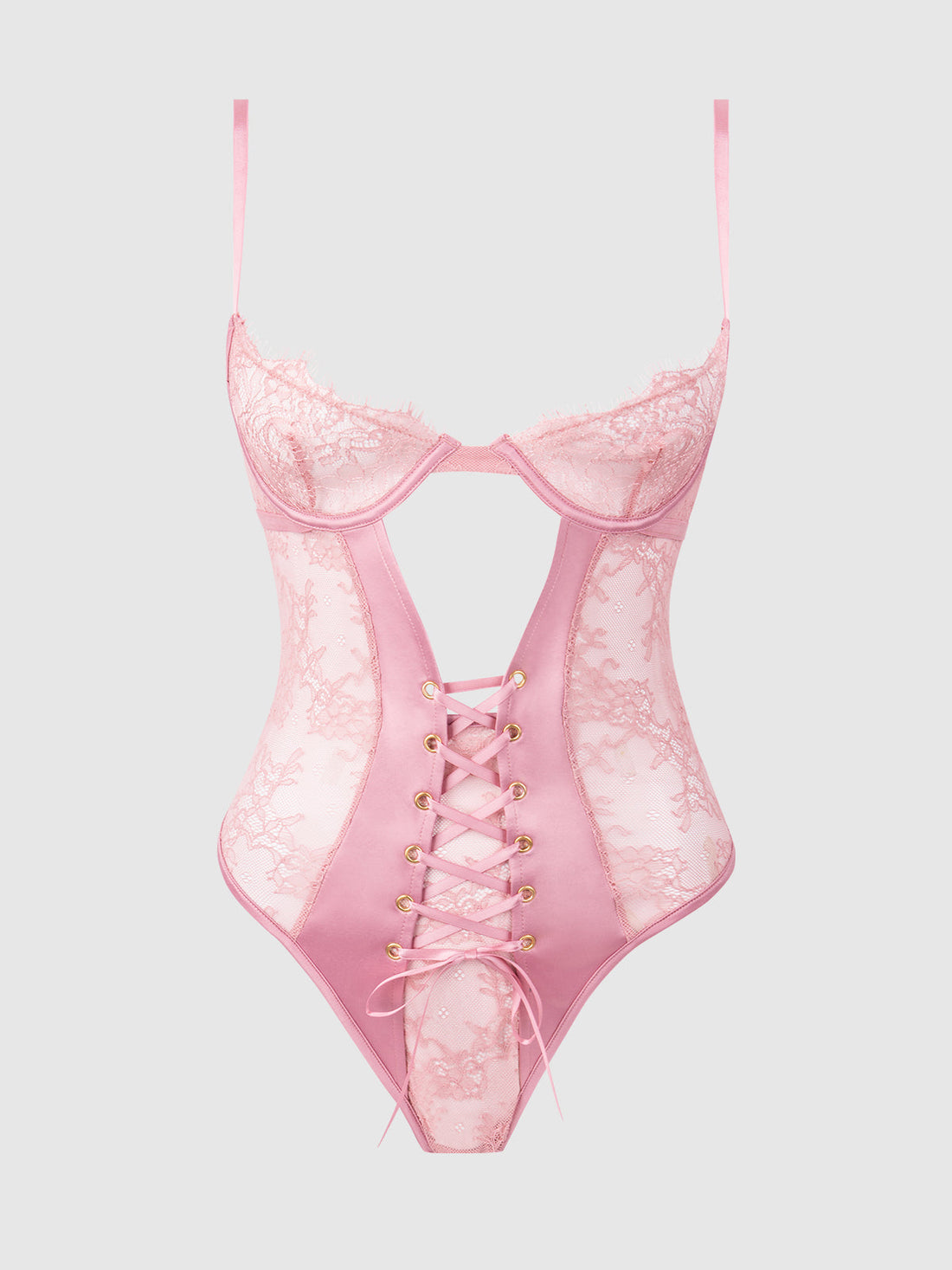 House of Desire Queen Blair Satin & Lace Corseted Underwire Teddy Rose Pink