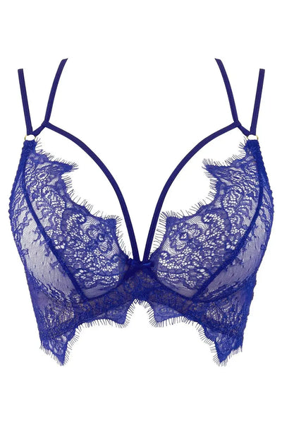 Blueberry eyelash lace corset bra with butterfly winged band and frayed ends.