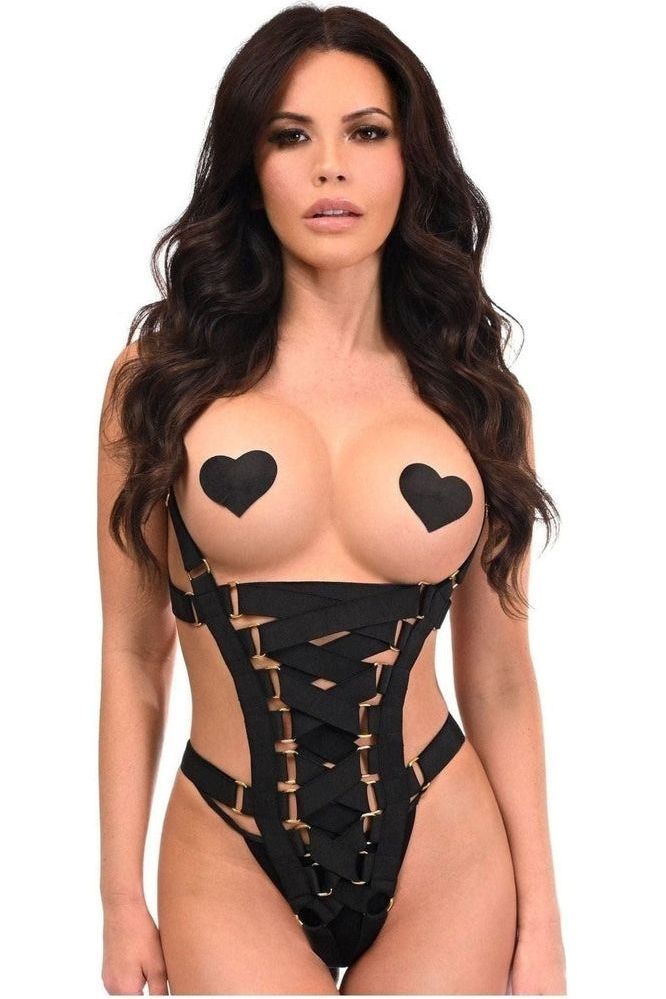 Daisy Corsets Black Stretchy Body Harness Bodysuit with Gold Hardware