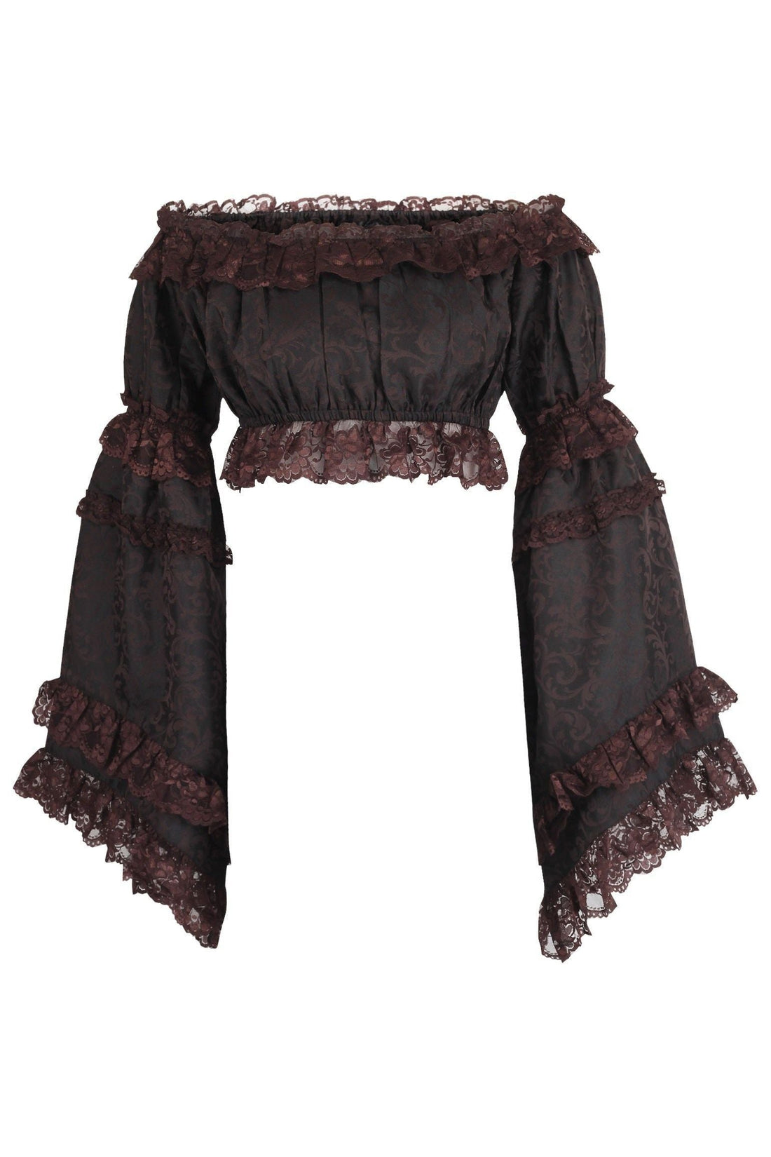 Daisy Corsets Brown Brocade Smocked Flare Sleeve Peasant Top