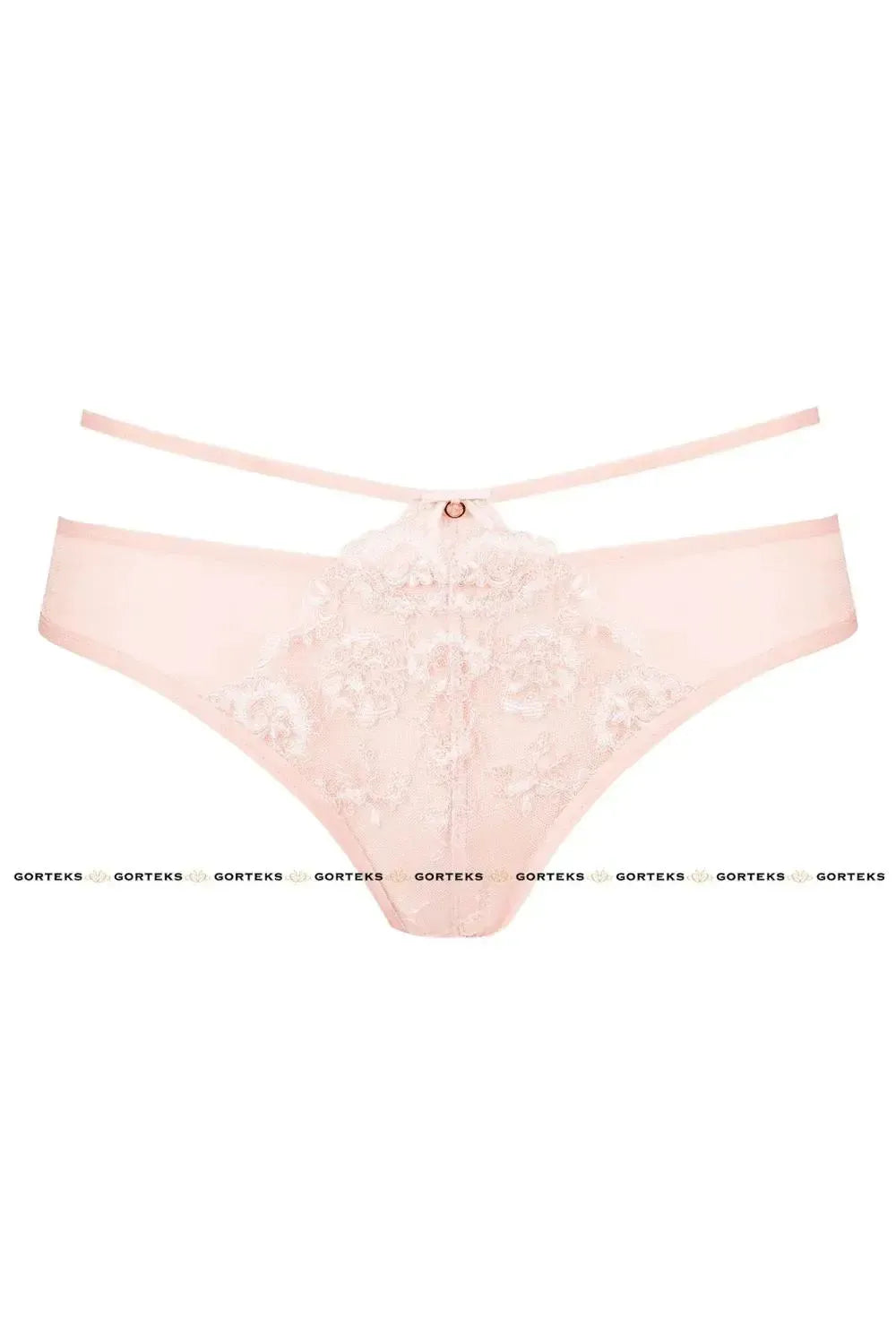 Girly Camelia bikini briefs in rose pink embroidery with floral pattern, elastic tulle back, and decorative side straps.