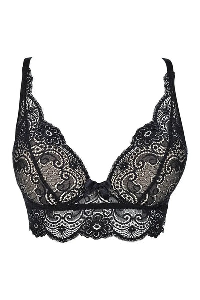 Sexy black lace longline bra with elegant scalloped edges and a delicate front bow.