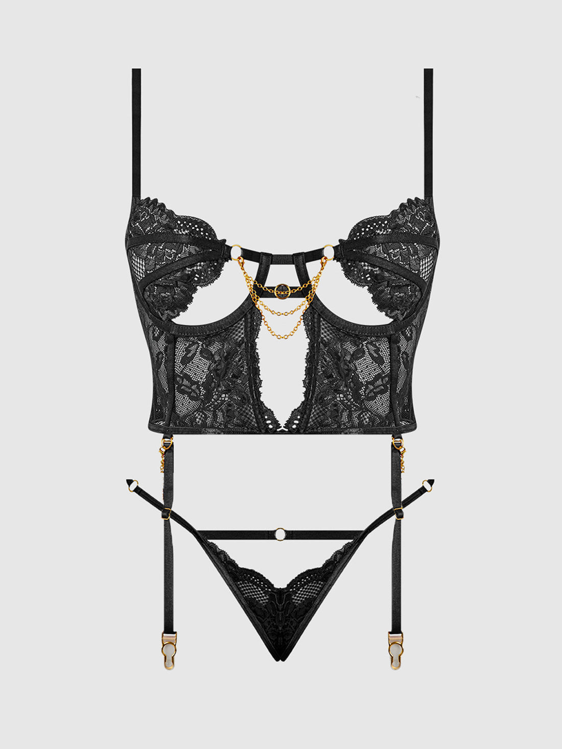 House of Desire Queen Cecily Lace & Chain Bustier & Backless Hipster Set Black