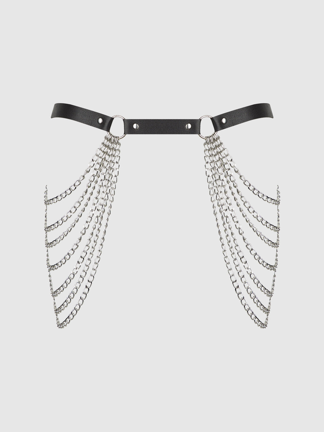 Chain & Leather-Like Draped Garter Black Silver