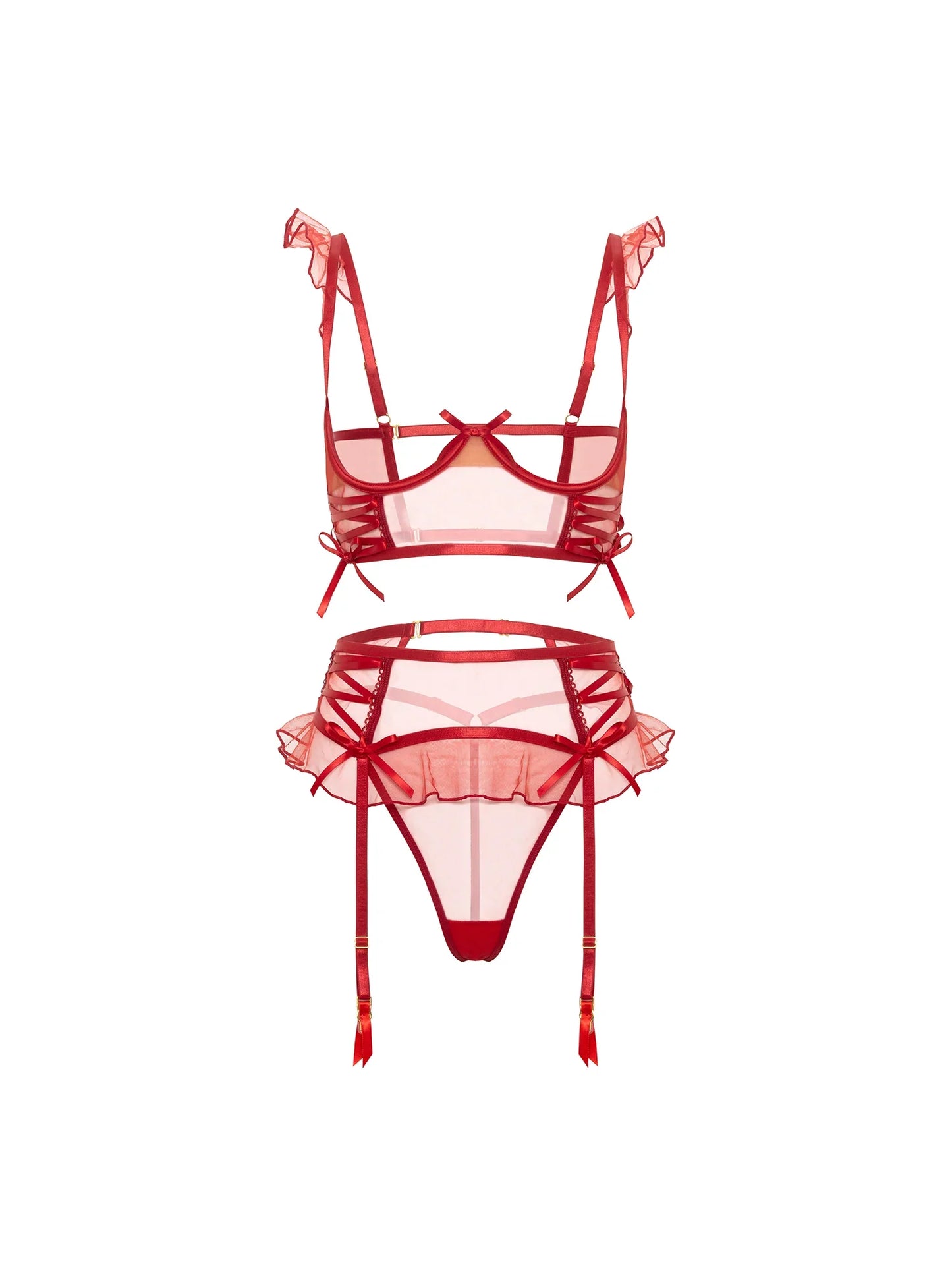 Oh la la Cheri Darcy Sheer Tulle Open Cup Bra Set Red