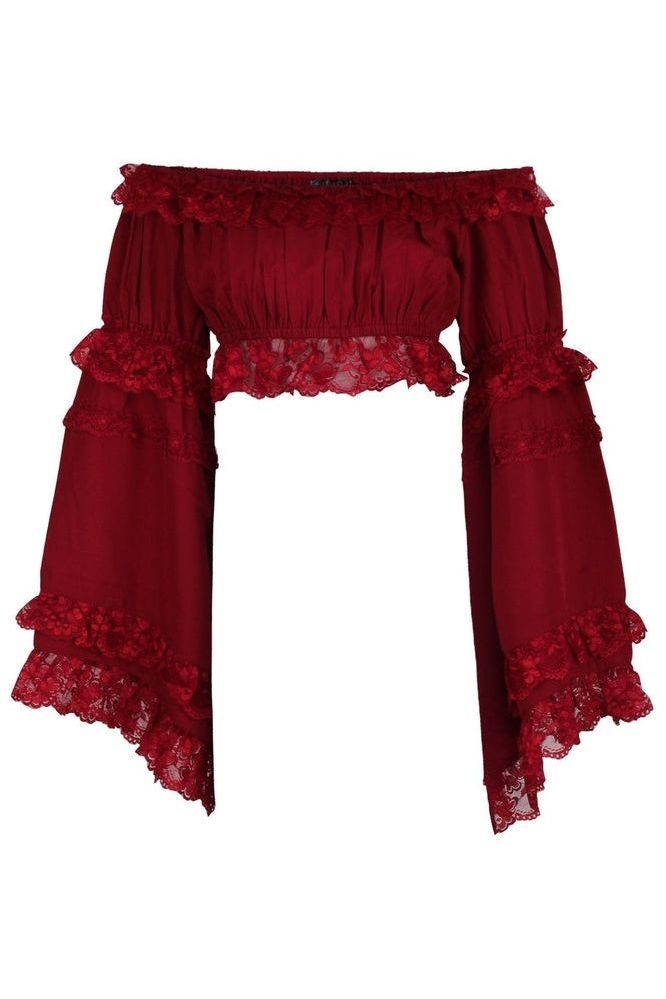 Daisy Corsets Dark Red Smocked Flare Sleeve Peasant Top