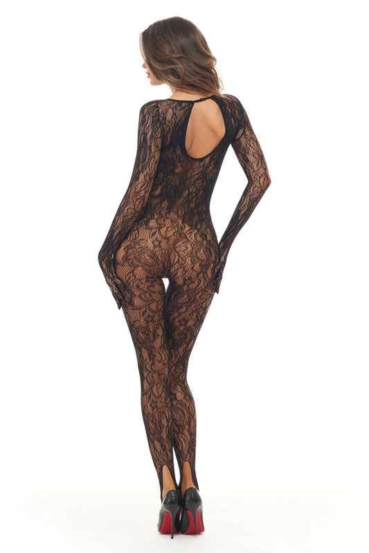 Rene Rofe Split Up Lace Bodystocking Black