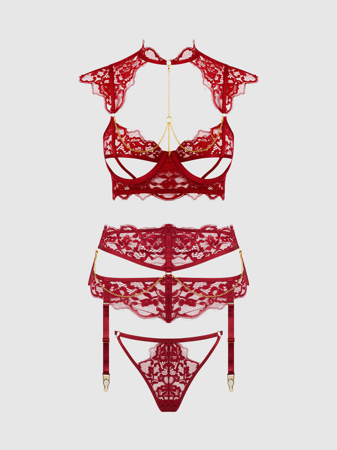 House of Desire Queen Dezi Lace & Chain Open Cup Bra Set Rhubarb
