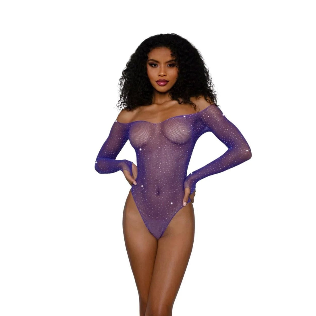 Dreamgirl Rhinestone Off Shoulder Bodystocking - One Size - Ultra Violet