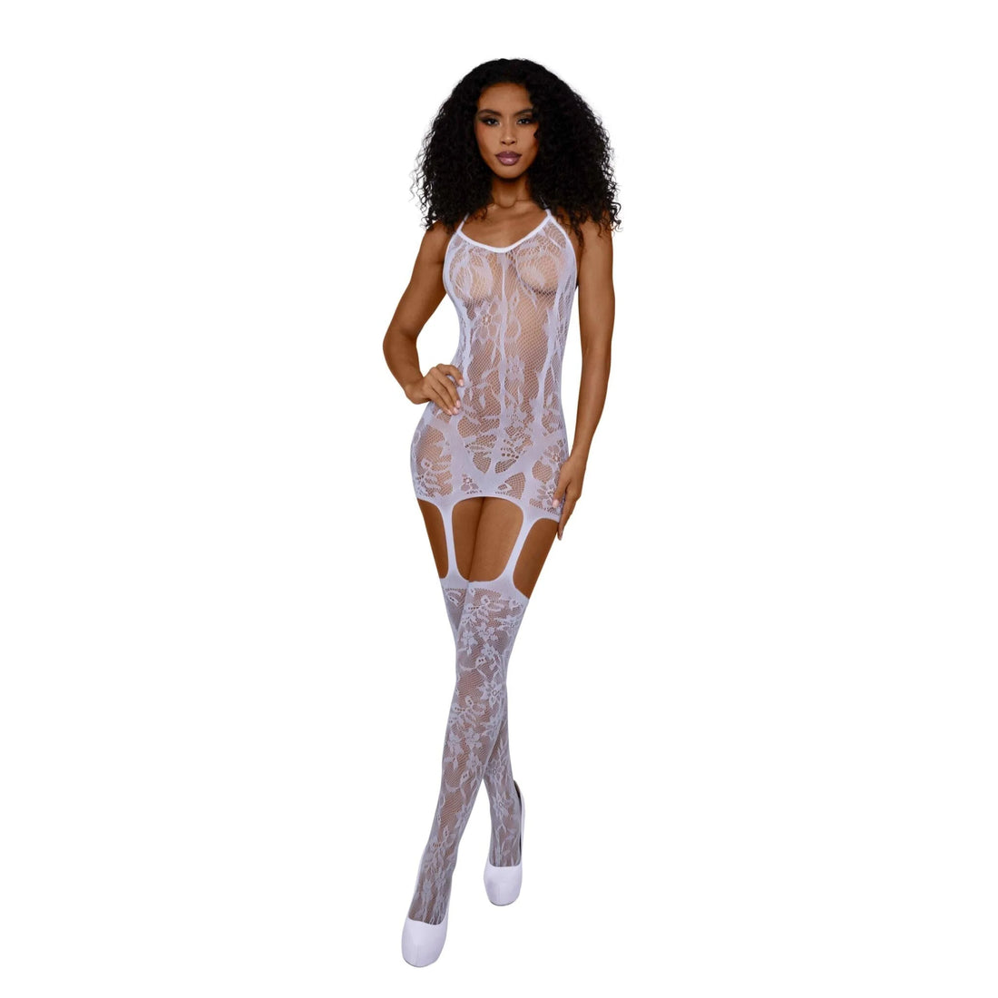 Dreamgirl Triniad Gartered Bodystocking - One Size - White