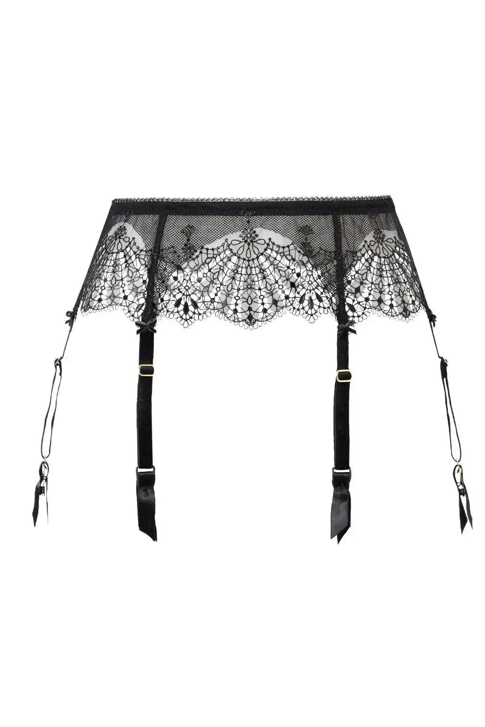 Fantastique sheer black suspender belt with intricate fan embroidery, velvet garters, and metal findings.