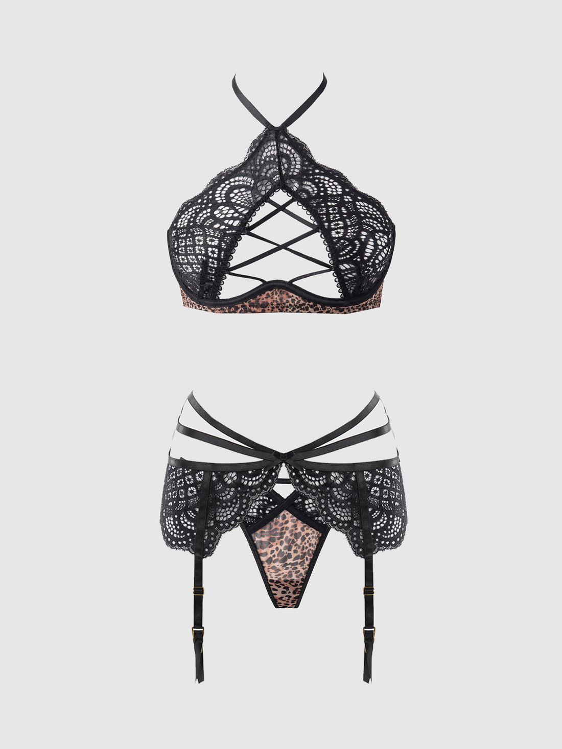 House of Desire Queen Felicia Leopard Mesh & Lace Bra, Garter & G-String Set