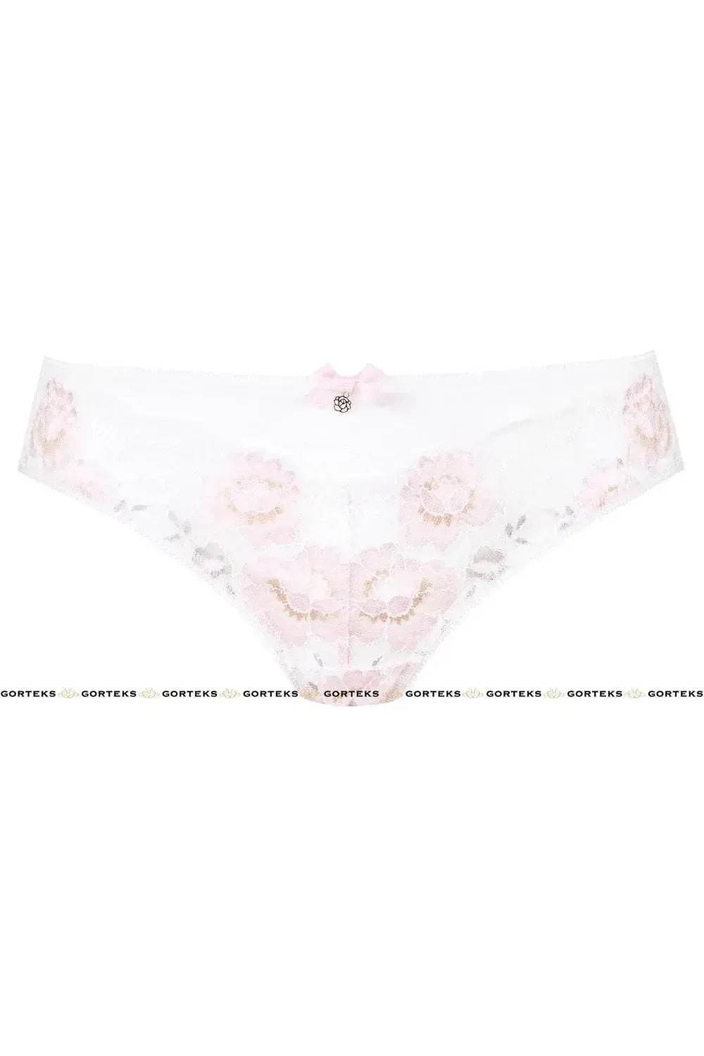 White tulle Fresia briefs with soft, floral lace and a delicate ribbon bow with gold ornament.