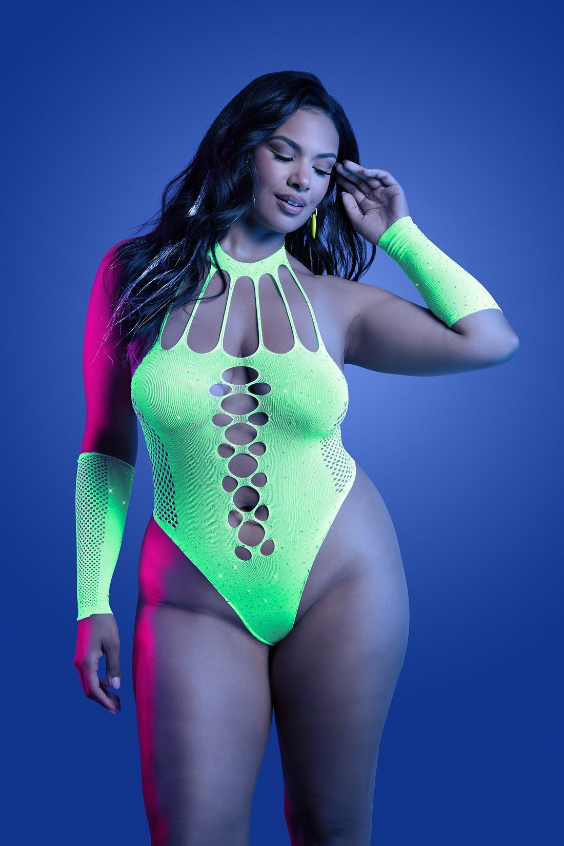 Fantasy Lingerie Queen Glow Black Light Pressure Point Rhinestone Teddy & Gloves