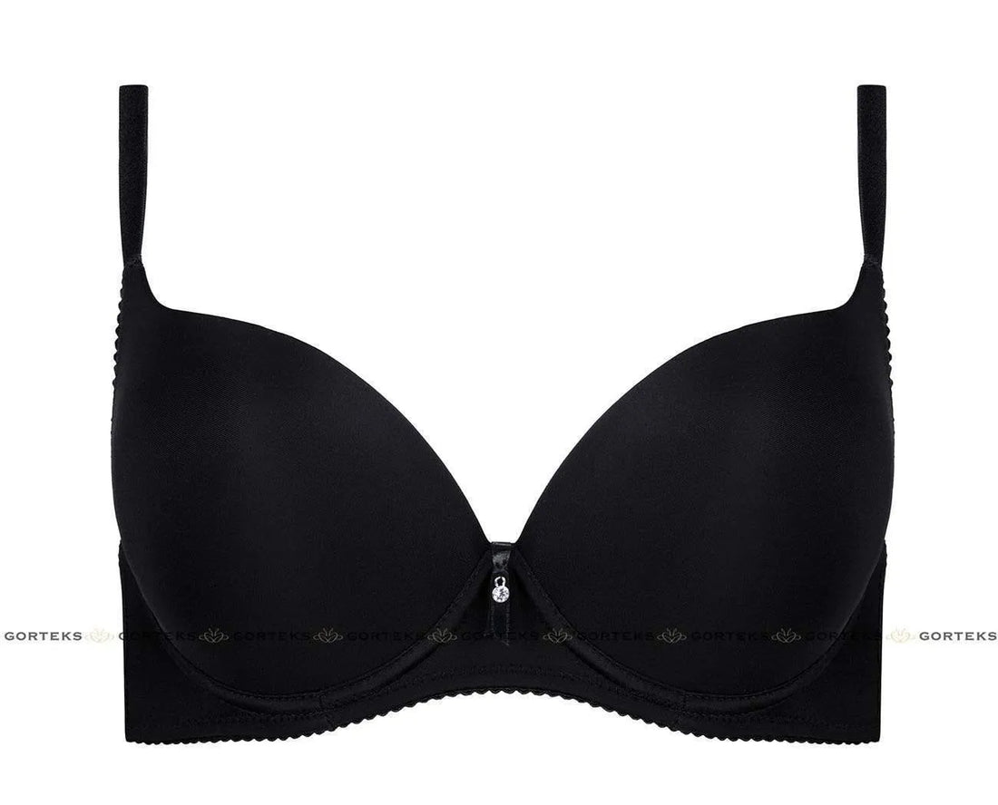 Gorteks Carla black push-up bra with smooth, moulded cups, underwire, and a delicate gemstone ribbon.