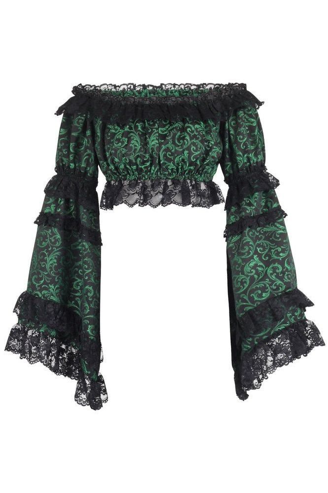 Daisy Corsets Green/Black Brocade Smocked Flare Sleeve Peasant Top