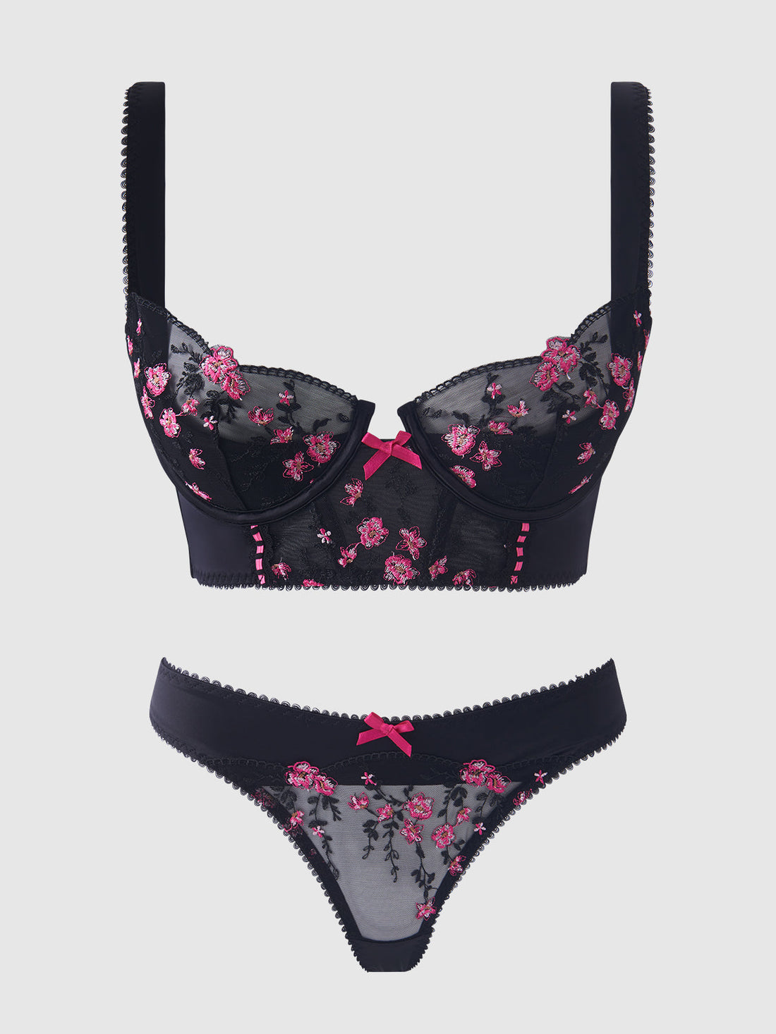 Harper Embroidery Mesh Bra Set Black with Pink Flowers