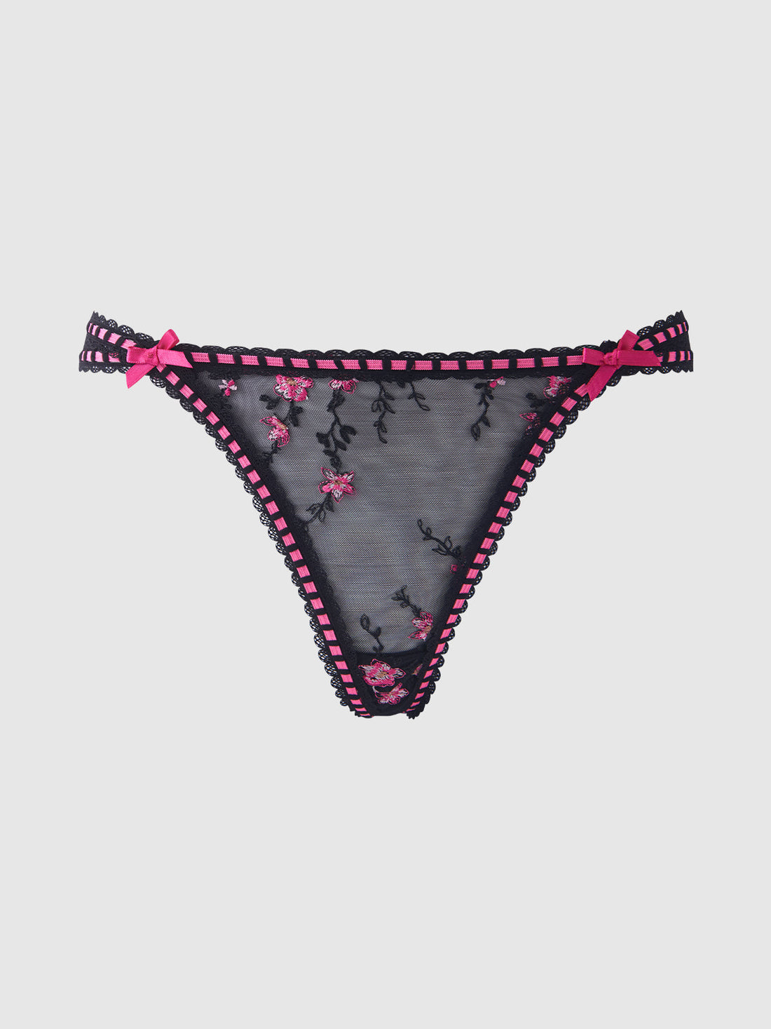 House of Desire Queen Harper See Through Embroidery Mesh Cheeky Panty Black with Pink Flowers