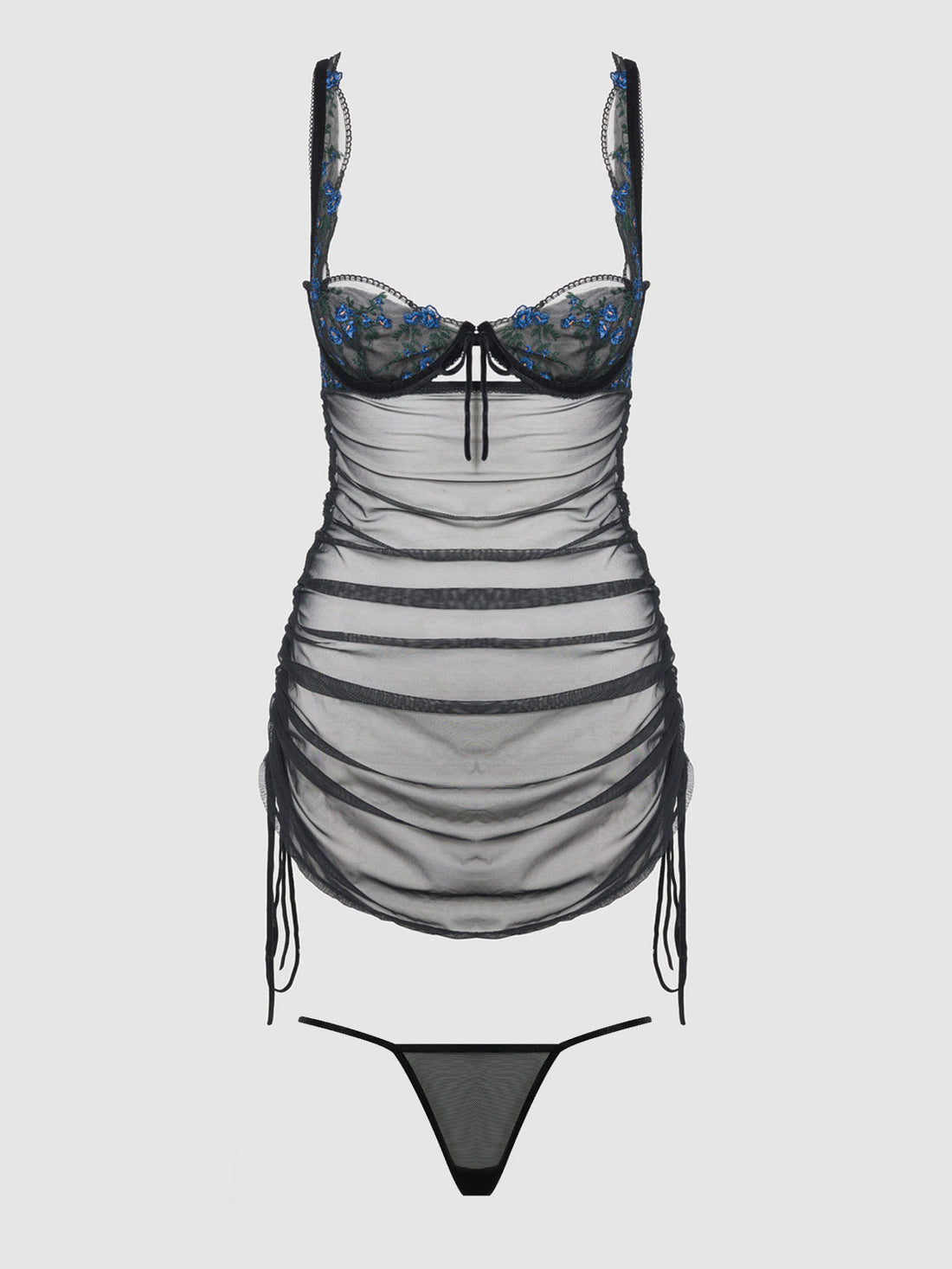 Harper See Through Embroidery Mesh Chemise Set Black with Blue Flowers